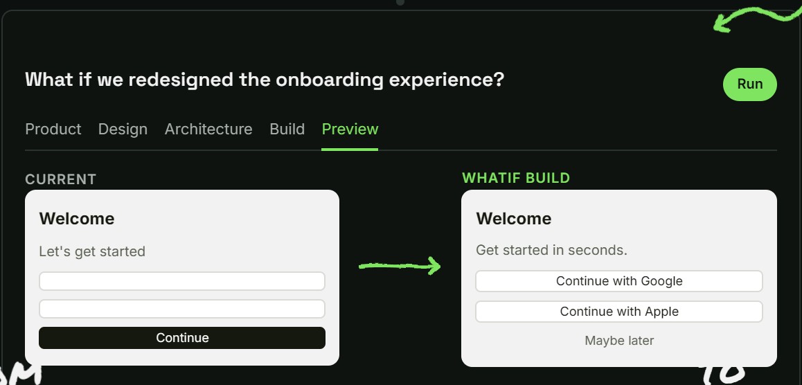 Whatif comparing the current onboarding screen against a newly built version, side by side