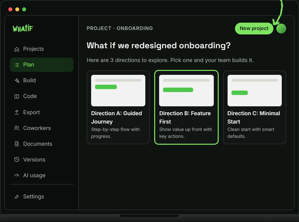 The Whatif desktop workspace, showing a project plan with three onboarding directions to explore